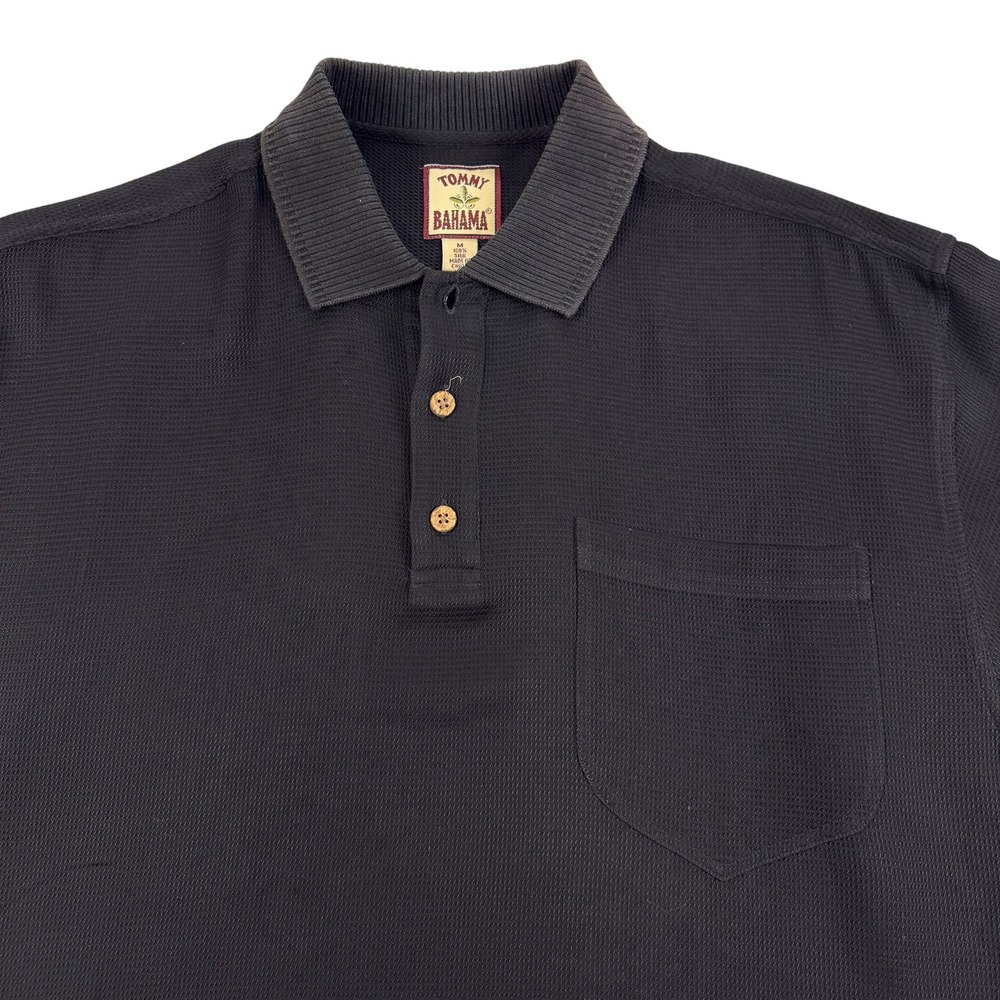 Tommy Bahama Polo Shirt Mens Medium Black 100% Silk Knit Pocket Casual Top